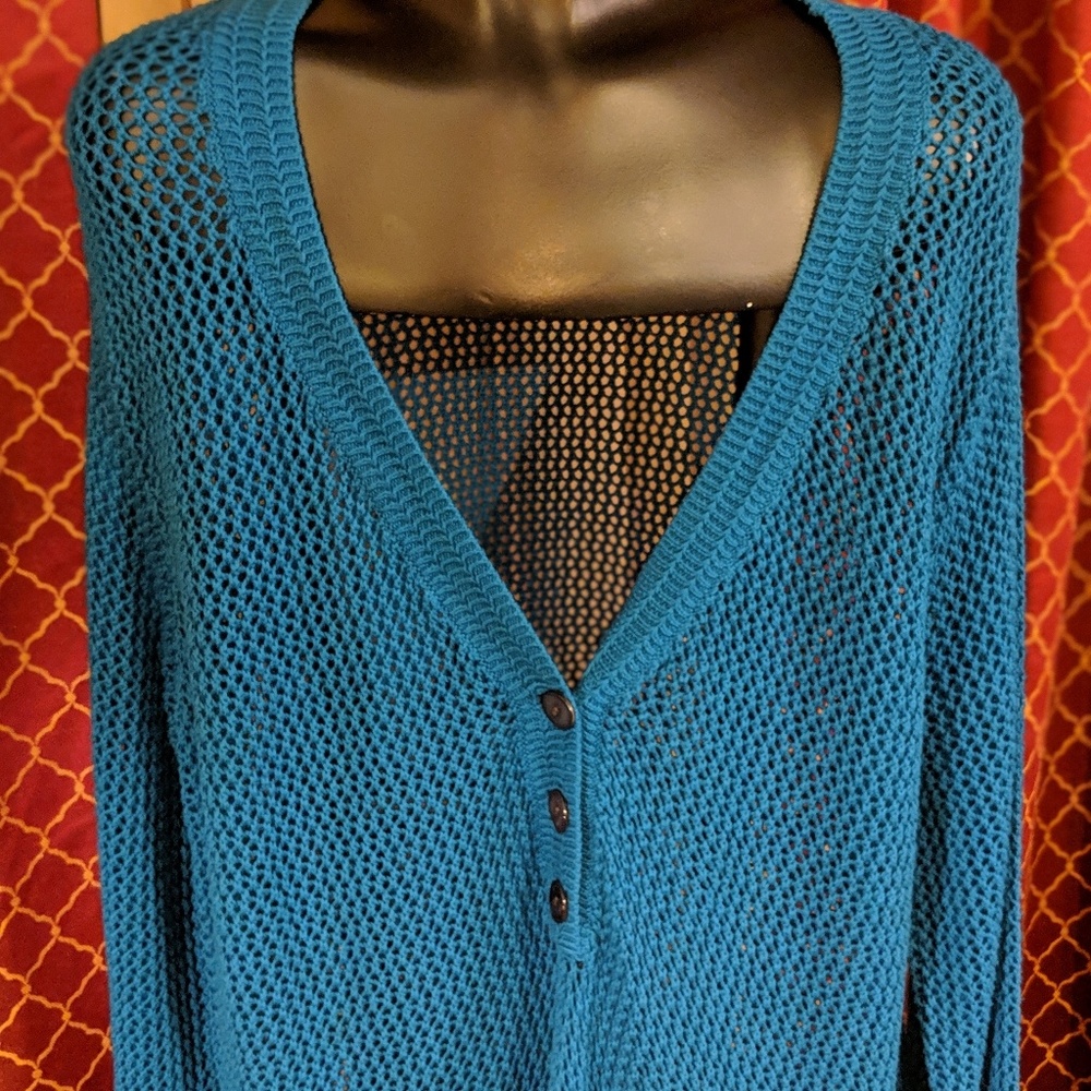 Chico's fishnet cardigan in turquoise.